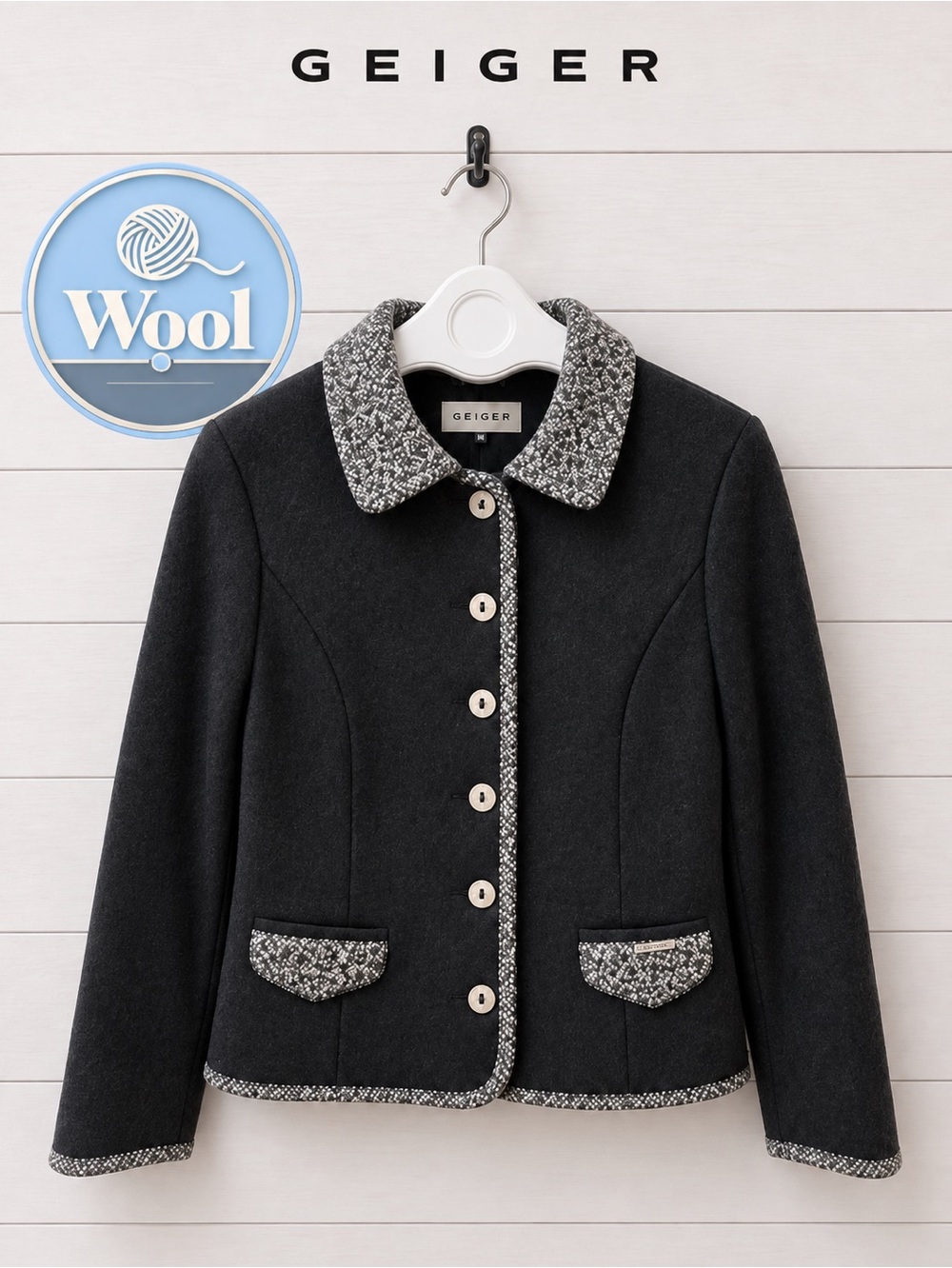 GEIGER Black Boiled Wool Jacket Size 40
